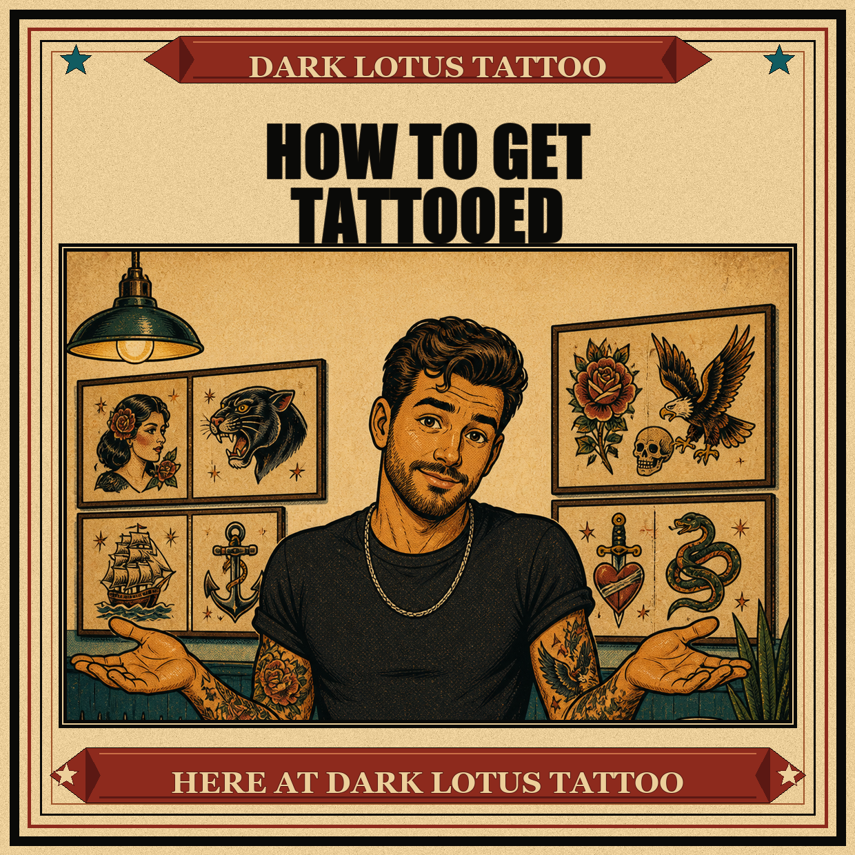 Vintage comic poster showing a confused tattoo client starting the Dark Lotus Tattoo process.